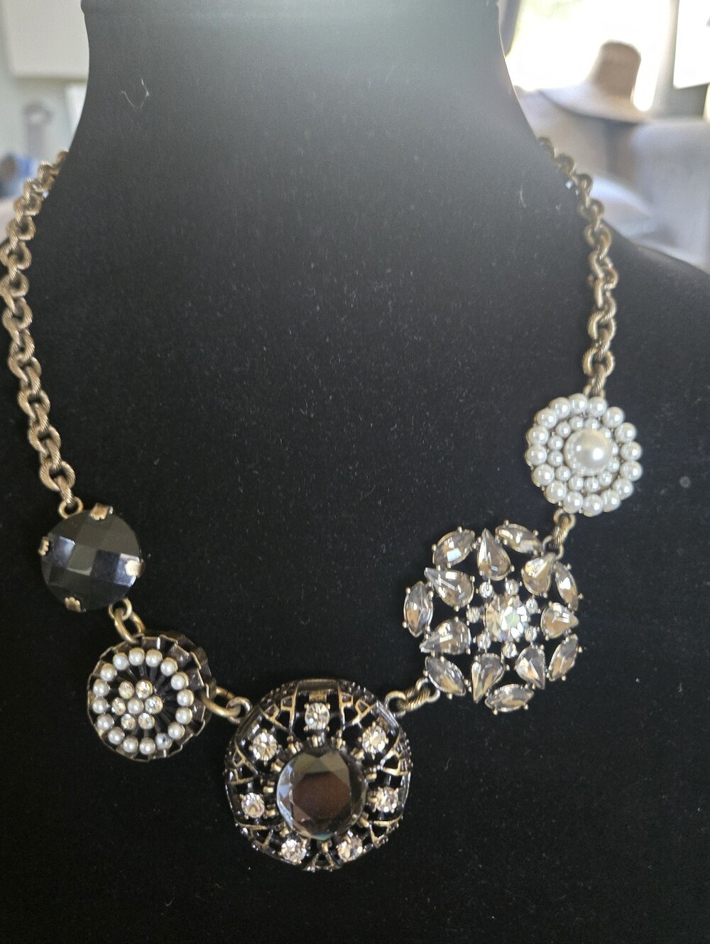 Vintage-Inspired Black and Gold Statement Necklace with Pearl Accents Lia Sophia